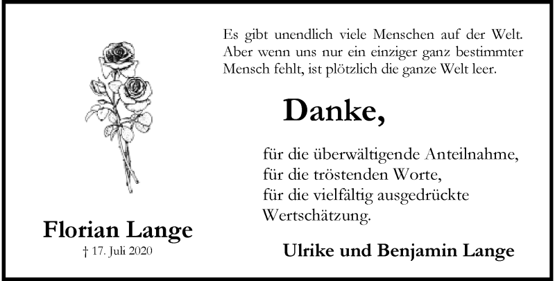  Traueranzeige für Florian Lange vom 08.08.2020 aus trauer.wuppertaler-rundschau.de