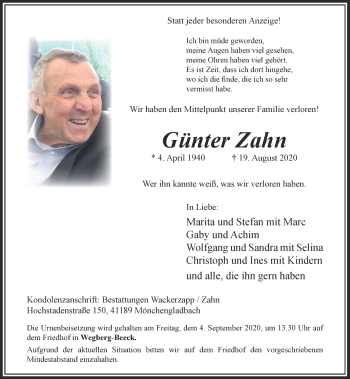 Traueranzeige von Günter Zahn von trauer.extra-tipp-moenchengladbach.de