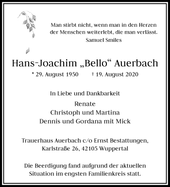 Traueranzeige von Hans-Joachim Auerbach von trauer.wuppertaler-rundschau.de