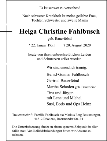 Traueranzeige von Helga Christine Fahlbusch von trauer.extra-tipp-moenchengladbach.de