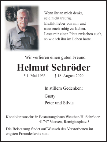 Traueranzeige von Helmut Schröder von trauer.extra-tipp-moenchengladbach.de