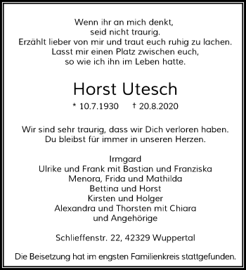 Traueranzeige von Horst Utesch von trauer.wuppertaler-rundschau.de