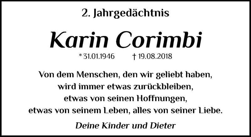  Traueranzeige für Karin Corimbi vom 23.08.2020 aus trauer.mein.krefeld.de