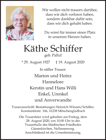 Traueranzeige von Käthe Schiffer von trauer.extra-tipp-moenchengladbach.de