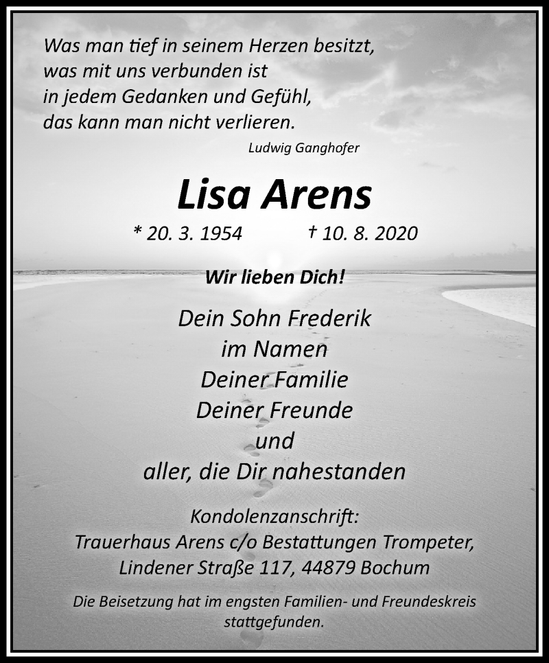  Traueranzeige für Lisa Arens vom 29.08.2020 aus trauer.wuppertaler-rundschau.de