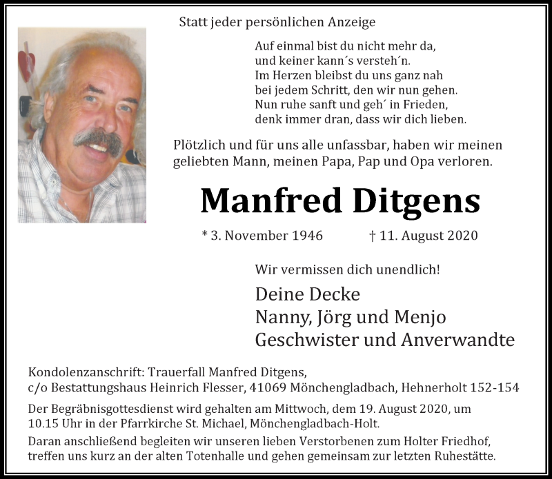  Traueranzeige für Manfred Ditgens vom 16.08.2020 aus trauer.extra-tipp-moenchengladbach.de