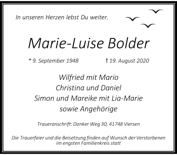 Traueranzeige von Marie-Luise Bolder von trauer.extra-tipp-moenchengladbach.de
