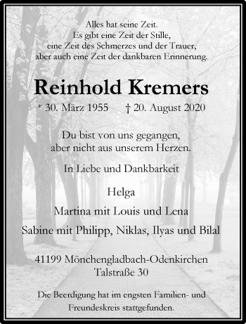 Traueranzeige von Reinhold Kremers von trauer.extra-tipp-moenchengladbach.de