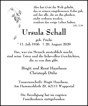 Traueranzeige von Ursula Schall von trauer.wuppertaler-rundschau.de
