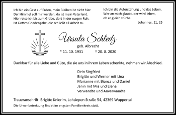 Traueranzeige von Ursula Schledz von trauer.wuppertaler-rundschau.de