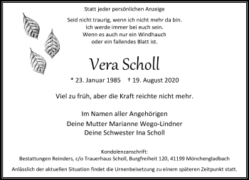 Traueranzeige von Vera Scholl von trauer.extra-tipp-moenchengladbach.de