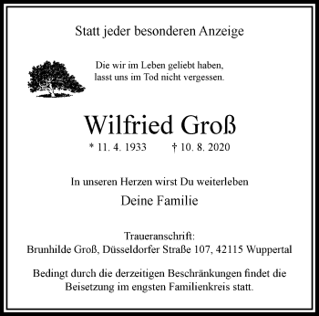 Traueranzeige von Wilfried Groß von trauer.wuppertaler-rundschau.de