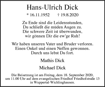Traueranzeige von Hans-Ulrich Dick von trauer.wuppertaler-rundschau.de