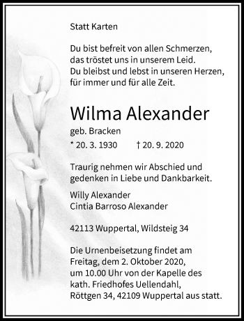 Traueranzeige von Wilma Alexander von trauer.wuppertaler-rundschau.de