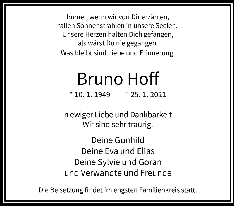  Traueranzeige für Bruno Hoff vom 30.01.2021 aus trauer.wuppertaler-rundschau.de