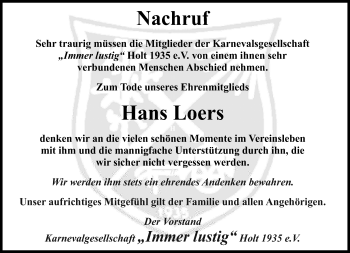 Traueranzeige von Hans Loers von trauer.extra-tipp-moenchengladbach.de