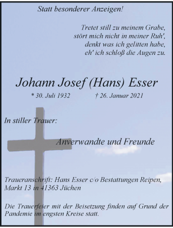 Traueranzeige von Johann Josef Esser von trauer.stadt-kurier.de