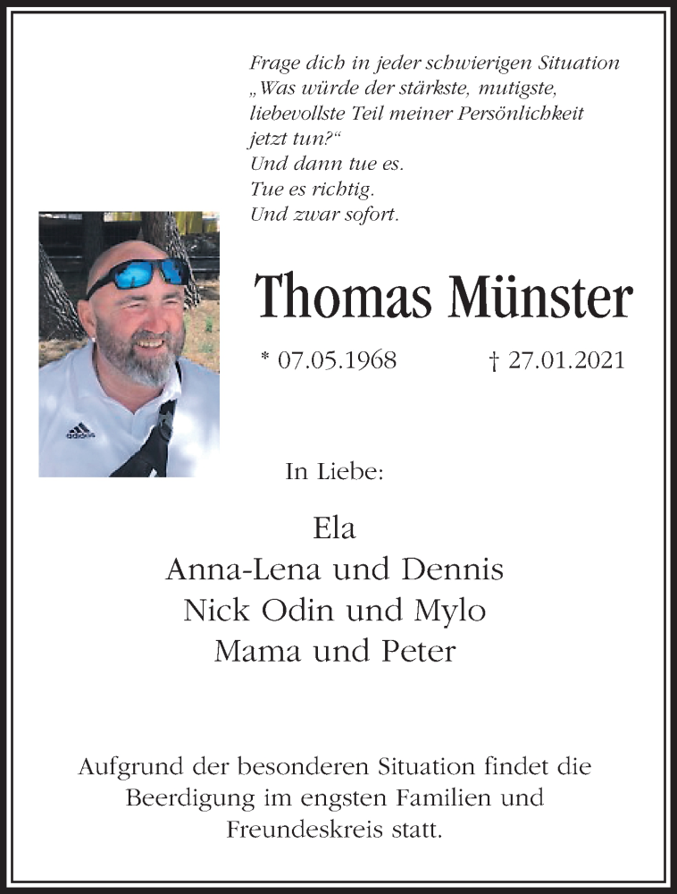  Traueranzeige für Thomas Münster vom 31.01.2021 aus trauer.extra-tipp-moenchengladbach.de