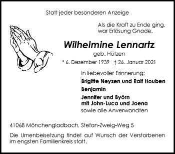 Traueranzeige von Wilhelmine Lennartz von trauer.extra-tipp-moenchengladbach.de