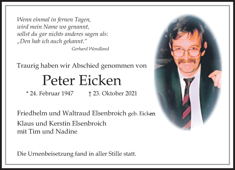  Traueranzeige für Peter Eicken vom 14.11.2021 aus trauer.extra-tipp-moenchengladbach.de
