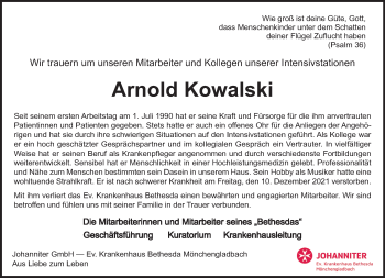 Traueranzeige von Arnold Kowalski von trauer.extra-tipp-moenchengladbach.de