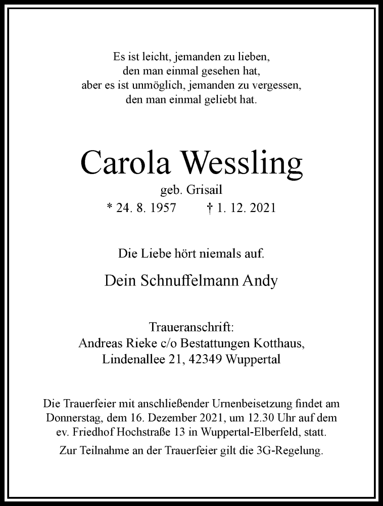  Traueranzeige für Carola Wessling vom 11.12.2021 aus trauer.wuppertaler-rundschau.de