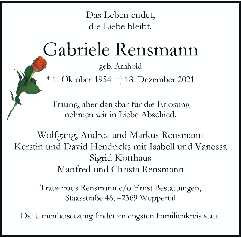  Traueranzeige für Gabriele Rensmann vom 25.12.2021 aus trauer.wuppertaler-rundschau.de