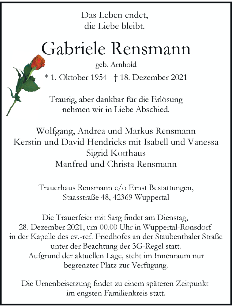 Traueranzeige für Gabriele Rensmann vom 25.12.2021 aus trauer.wuppertaler-rundschau.de
