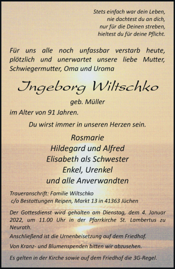 Traueranzeige von Ingeborg Wiltschko von trauer.stadt-kurier.de
