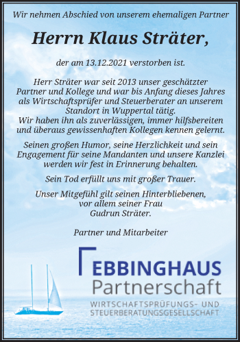 Traueranzeige von Klaus Sträter von trauer.wuppertaler-rundschau.de