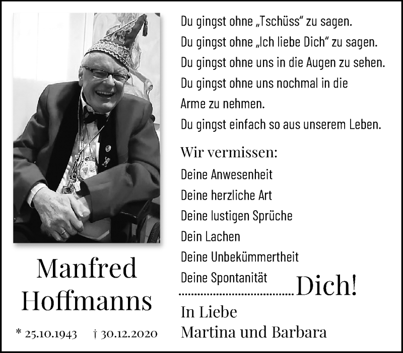  Traueranzeige für Manfred Hoffmanns vom 02.01.2022 aus trauer.extra-tipp-moenchengladbach.de