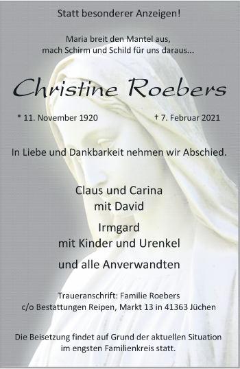 Traueranzeige von Christine Roebers von trauer.stadt-kurier.de