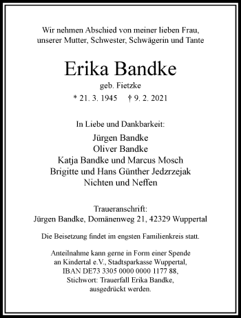 Traueranzeige von Erika Bandke von trauer.wuppertaler-rundschau.de