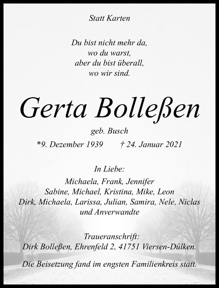  Traueranzeige für Gerta Bolleßen vom 14.02.2021 aus trauer.extra-tipp-moenchengladbach.de