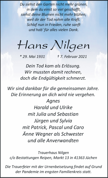 Traueranzeige von Hans Nilgen von trauer.stadt-kurier.de