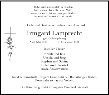 Traueranzeige von Irmgard Lamprecht von trauer.wuppertaler-rundschau.de
