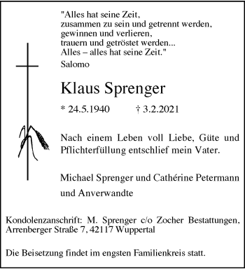 Traueranzeige von Klaus Sprenger von trauer.wuppertaler-rundschau.de