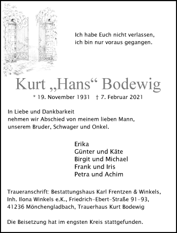 Traueranzeige von Kurt Bodewig von trauer.extra-tipp-moenchengladbach.de