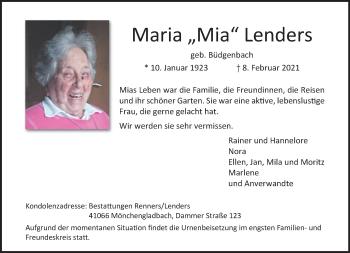 Traueranzeige von Maria Lenders von trauer.extra-tipp-moenchengladbach.de