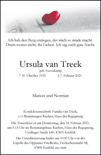 Traueranzeige von Ursula van Treek von trauer.mein.krefeld.de