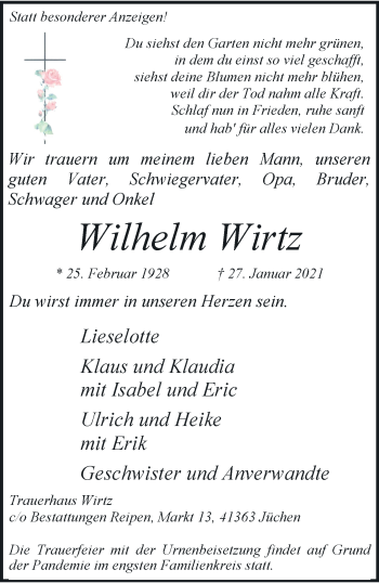 Traueranzeige von Wilhelm Wirtz von trauer.stadt-kurier.de