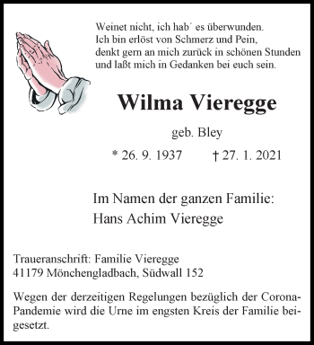 Traueranzeige von Wilma Vieregge von trauer.extra-tipp-moenchengladbach.de