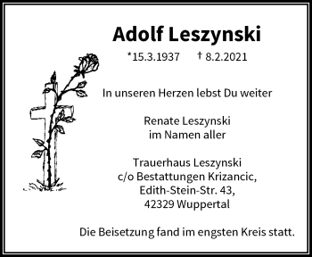 Traueranzeige von Adolf Leszynski von trauer.wuppertaler-rundschau.de