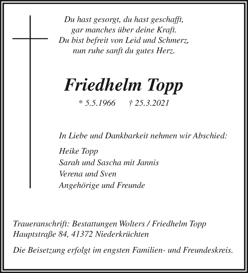  Traueranzeige für Friedhelm Topp vom 28.03.2021 aus trauer.extra-tipp-moenchengladbach.de