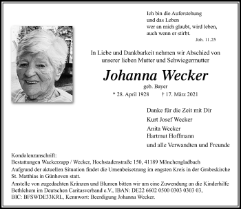 Traueranzeige von Johanna Wecker von trauer.extra-tipp-moenchengladbach.de