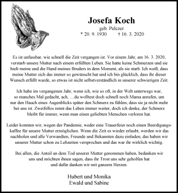 Traueranzeige von Josefa Koch von trauer.extra-tipp-moenchengladbach.de