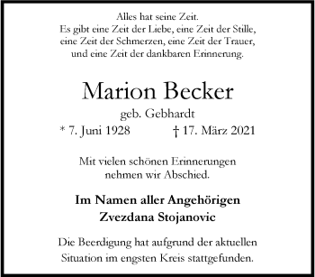 Traueranzeige von Marion Becker von trauer.wuppertaler-rundschau.de