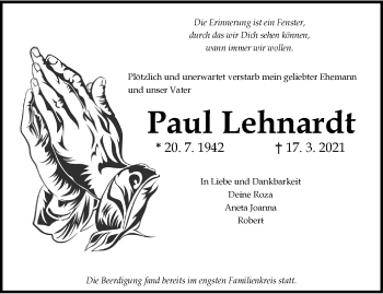 Traueranzeige von Paul Lehnardt von trauer.wuppertaler-rundschau.de