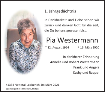 Traueranzeige von Pia Westermann von trauer.extra-tipp-moenchengladbach.de