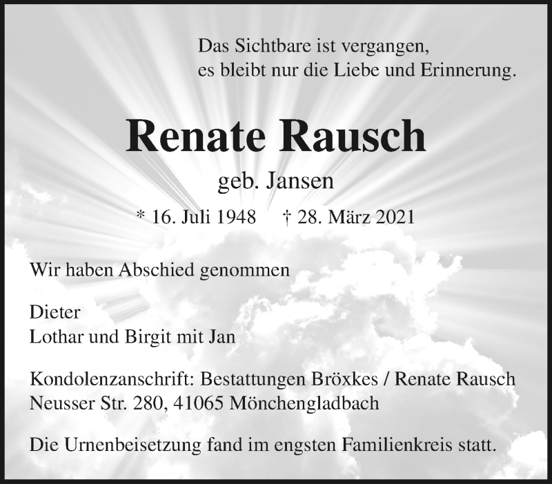  Traueranzeige für Renate Rausch vom 11.04.2021 aus trauer.extra-tipp-moenchengladbach.de